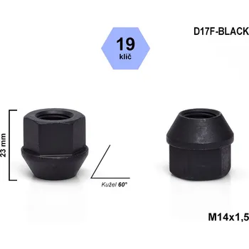 Matice na kolo Kolová matice M14x1,5 kužel otevřená, černá, klíč 19, D17F-BLACK, výška 23 mm