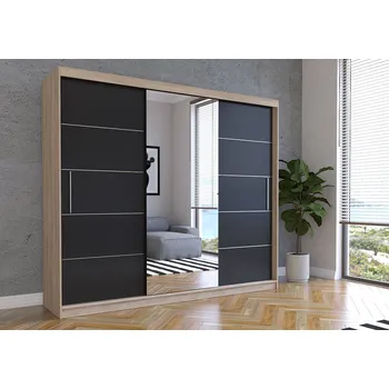 Šatní skříň Eoshop Šatní skříň Jessica I 250 cm, Dub Sonoma / Černá se zrcadlem, Osvětlení: Profi led 250