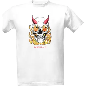 Tričko s potiskem Lebka s rohy v plamenech pánské