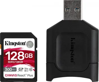 paměťová karta Kingston Canvas React Plus 128 GB SDXC Class 10 UHS-II U3 + čtečka (MLPR2/128GB)