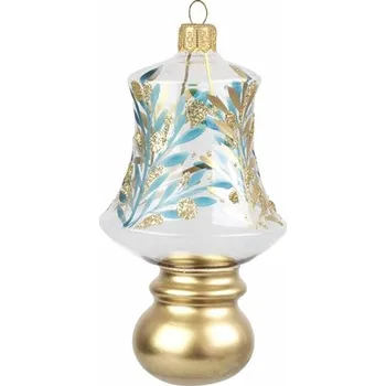 Vánoční ozdoba volný tvar zvonek s kouličkou dekor modré a bronzové větvičky