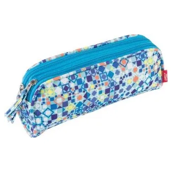 Penál Studentské pouzdro tyrkysově-modré kostičky, dva zipy