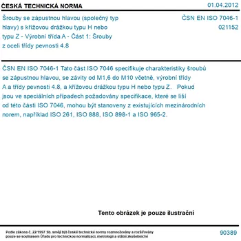Šroub ČSN EN ISO 7046-1 - Šrouby se zápustnou hlavou (společný typ hlavy) s křížovou drážkou typu H nebo typu Z - Výrobní třída A - Část 1: Šrouby z oceli třídy pevnosti 4.8 - Tisk