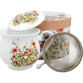 DUO Gifts DG - Porcelánový retro hrnek PTÁČEK v lučním kvítí se sítkem a víčkem v dárkové krabičce - 480 ml