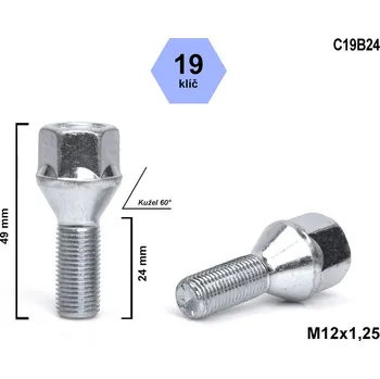 Šroubek na kolo Kolový šroub M12x1,25x24 kužel, klíč 19, C19B24, výška 49 mm