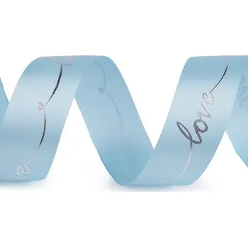 Stuha Stuha 26mm, saténová s metalickým potiskem Love, modrá