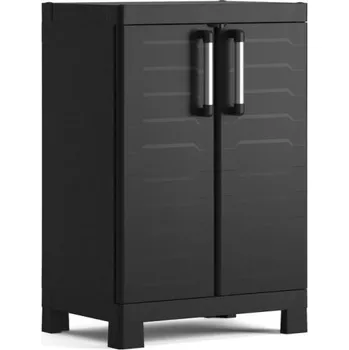 Zahradní skříň Plastová policová skříňka uzamykací do dílny / garáže / sklepa, černá, nízká, 65x45x97 cm