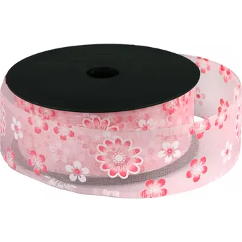 Svatební dekorace Organzaová stuha s potiskem květu 4 cm x 9 m KW02 102 růžová