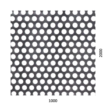 Plech děrovaný plech kruhový přesazený Fe, otvor: ø 10 mm, rozteč: 15 mm, (2000x1000x1 mm)