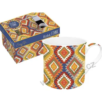 Easy Life GLOBAL ETHNIC AZTEC 2 SQUARES porcelánový hrnek s modrooranžovými kosočtverci 300ml