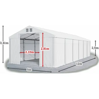 Zahradní stan Skladový stan 5x12x2,5m střecha PVC 560g/m2 boky PVC 500g/m2 konstrukce ZIMA PLUS Bílá Bílá Bílá