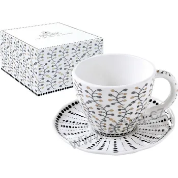 Easy Life ORGANIC 1 porcelánový šálek a podšálek s černými a hnědými bobulemi na stonku 280ml