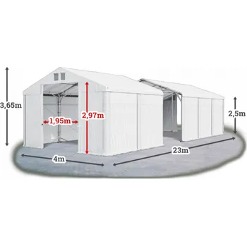 Zahradní stavba Skladový stan 4x23x2,5m střecha PVC 580g/m2 boky PVC 500g/m2 konstrukce POLÁRNÍ PLUS Bílá Bílá Bílá