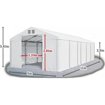 Zahradní stan Skladový stan 5x11x2,5m střecha PVC 580g/m2 boky PVC 500g/m2 konstrukce POLÁRNÍ PLUS Bílá Bílá Bílá