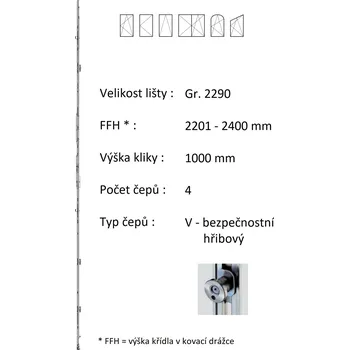 Stavebniny Lišta převodu ROTO NX - konstantní Typ / Výška křídla / Počet čepů: Gr.2290 / 2201-2400 / 4, Typ čepu: V - hřibový bezpečnostní