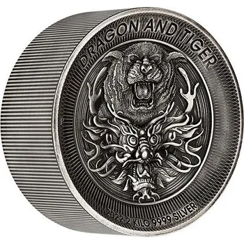 Exkluzivní stříbrná mince 2 kg Dragon & Tiger (Drak a Tygr) 2022 Antique High Relief