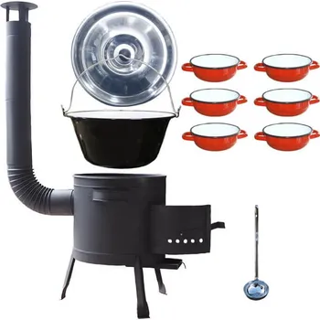 Kempingové nádobí Smaltovaný kotlík 13 L + selské misky 6 ks + nízká žáruvzdorná kotlina 36 cm PLUS 600 + nerezová poklice + naběračka