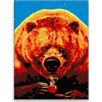 Hračka Malování podle čísel - Medvěd s kávou - 30x40 cm, plátno vypnuté na rám - CZ výroba