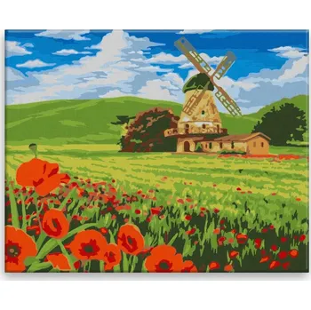 Malování podle čísel - Kouzelný mlýn v poli máků - 50x40 cm, bez dřevěného rámu - CZ výroba