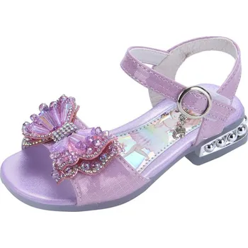Dětská sálová obuv Čína Dívčí sandálky zdobené mašlí s podpatkem Varianta: varianta 1 fialová, Velikost: 30