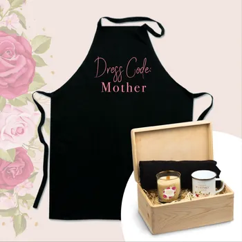 Kuchyňská zástěra Set dřevěné krabičky, zástěry, plecháčku a svíčky pro NEJ MAMINKU Zástěra: "Dress Code: Mother"