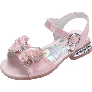 Dětská sálová obuv Dívčí sandálky zdobené mašlí s podpatkem Varianta: varianta 1 růžová, Velikost: 27