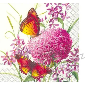 Papírový ubrousek IHR ALLIUM GARDEN papírové dezertní ubrousky motýlci na růžových květech česneku 20 ks