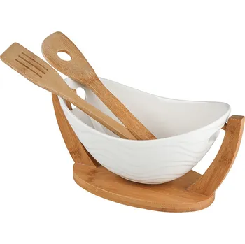 Altom Salátová mísa s příborem na bambusovém stojanu 32 x 16 cm  bílá