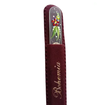 Skleněný pilníček na nehty, čirý podklad s křišťály Swarovski Elements®, červená Květina- 110 mm
