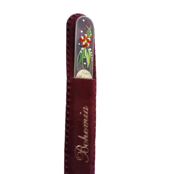 Skleněný pilníček na nehty, čirý podklad s křišťály Swarovski Elements®, červená Květina sv. - 110 mm