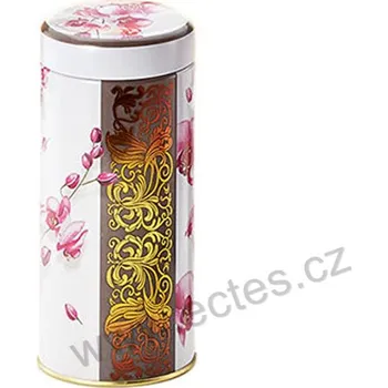 Dóza na potraviny ORCHIDEJ bílá plechová dóza 3015D růžové orchideje se zlatočerným ornamentem
