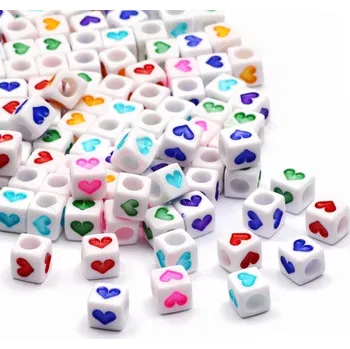 Dětské navlékací korálky Pro Háčkování Korálek bílá kostka se srdíčkem 6,5 x 6 mm, 20 ks