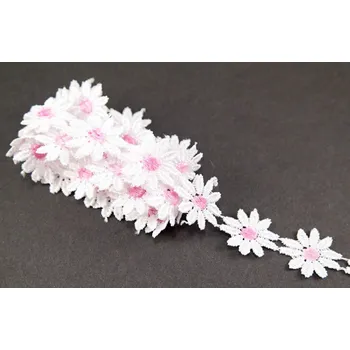 Vzdušná krajka kytička - bílá s růžovým středem - šířka 2,5 cm