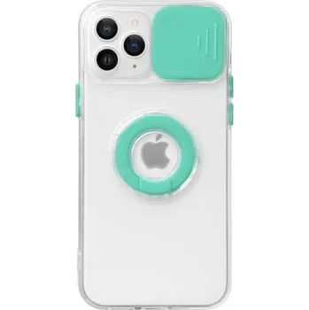 Pouzdro na mobilní telefon Transparentní kryt s držákem na prst a krytkou kamery pro iPhone 13 Pro Max - tyrkysový