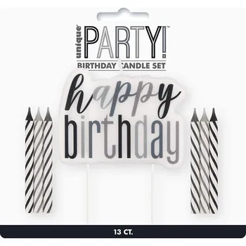 Dortová svíčka UNIQUE Set svíček - černo-stříbrné Happy Birthday! 13 ks