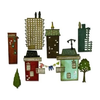 Řezačka papíru SIZZIX Thinlits vyřezávací kovové šablony - domy ve městě 34 ks