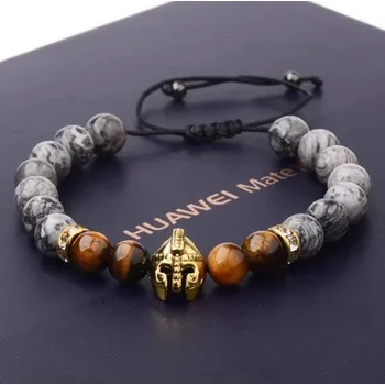 Náramek Trendy Sparťanský náramek z přírodních kamenů s přilbou válečníka - Šedo Hnědo Zlatý