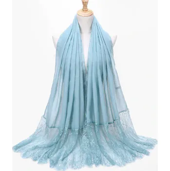 Šála Dámská jednobarevná bavlněná šála s krajkou zelenomodrá