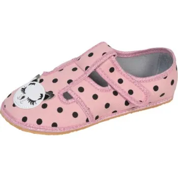 Dívčí bačkory Bačkůrky balerínky Raweks BAREFOOT Zuzia 94B růžové s puntíky a kočkou velikost: 32