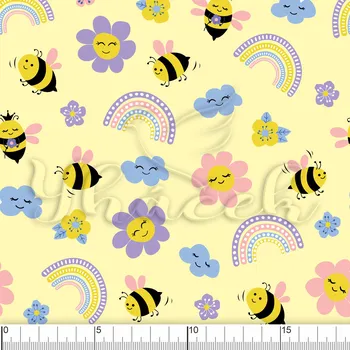 Zakázkový tisk, softshell, kočárkovina... Včelky s květinou na žluté Látky k tisku: Softshell letní