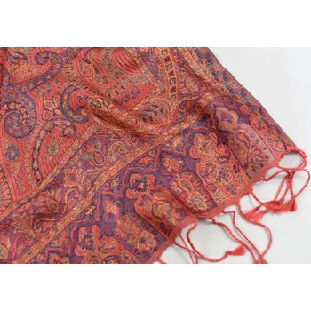 Šála Hedvábná šála Jamawar střední - Červená s ornamenty 2