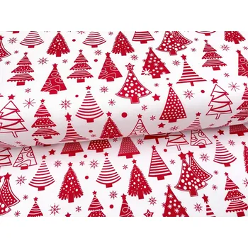 Mirtex Plátno DOMESTINO 120/ 22042-1 Vánoční stromky červené na bílé šíře 160cm Zbytková metráž