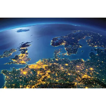 Fototapeta DIMEX | Vliesová fototapeta Noční Evropa z vesmíru MS-5-2256 | 375 x 250 cm| modrá, černá, žlutá + Vliesová fototapeta na stěnu DIMEX Noční Evropa z vesmíru MS52256 v rozměru 375 x 250 cm + lepidlo zdarma