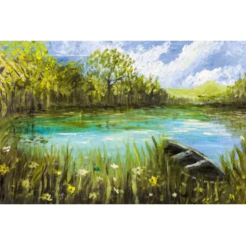 Fototapeta DIMEX | Vliesová fototapeta Malba - Loďka na jezeře MS-5-2041 | 375 x 250 cm| zelená, modrá, bílá, šedá + Vliesová fototapeta na stěnu DIMEX Malba - Loďka na jezeře MS52041 v rozměru 375 x 250 cm + lepidlo zdarma