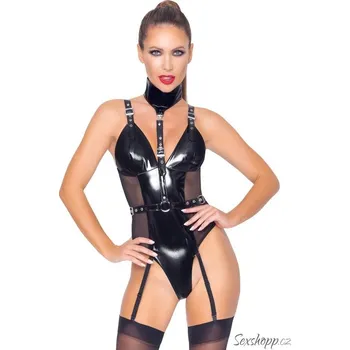 Dámské erotické body Lakované body se síťovanými vsadkami, zipem, podvazky a obojkem Black Level, M