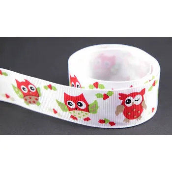 Stuha Rypsová stuha se sovičkami - bílá, červená, zelená - šířka 2,5 cm