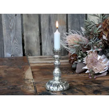 Svícen Stříbrný antik skleněný svícen na úzkou svíčku Groo - Ø 9*14cm