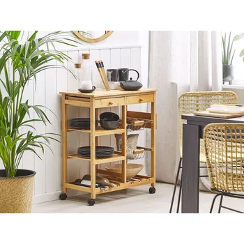 Servírovací stolek Kuchyňský vozík bambusové světle hnědé dřevo s kolečky úložný prostor pohyblivý rustikální styl Beliani