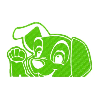 Polep vozidla Pes 177 levá mává z auta (58 - 3D karbon zelený kawasaki) SAMOLEPKA NA AUTO, NÁLEPKA, FÓLIE, POLEP, TUNING, VLASTNÍ TEXT, TISK, AUTOSAMOLEPKY.cz, POLEPY, OBRÁZEK, LOGO, 3D STICKERS