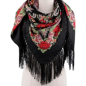 Šátek Šátek folklórní květy a třásněmi 105x105 cm - 7 černá